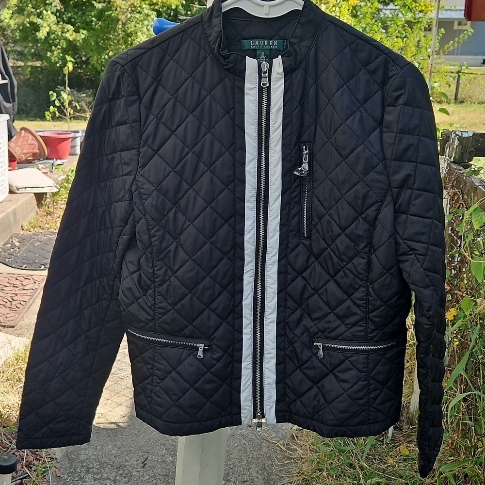 Lauren Ralph Lauren Black Quilted with White strips Women's Jacket sz M
